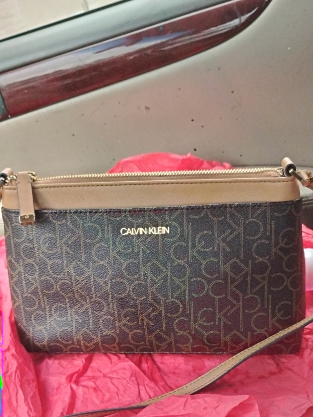 Calvin Klein Brown Monogram Crossbody with Tan Trim